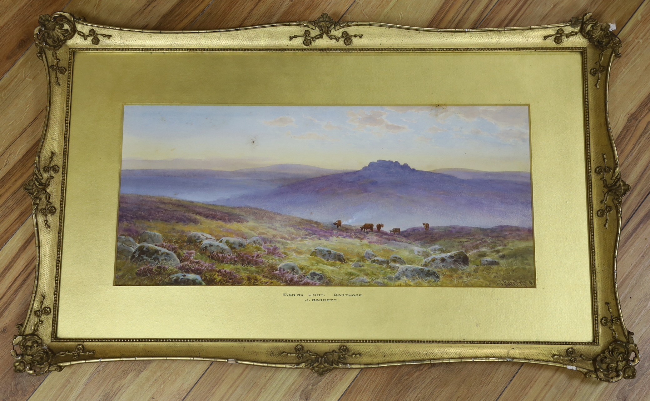 John Barrett (1822-1893), watercolour, 'Evening light, Dartmoor', signed, 25 x 55cm